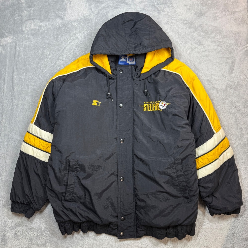 Vintage Starter Pittsburgh Steelers Puffer Jacket Mens XL Black Yellow Hooded 90
